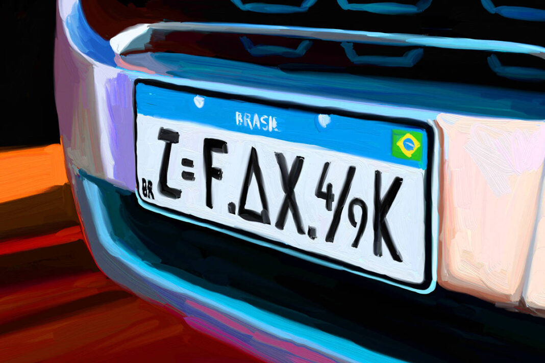 A ilustração de Adams Carvalho, publicada na Folha de São Paulo no dia 16 de novembro de 2025, mostra o desenho de uma placa de carro impressa com uma fórmula aleatória de física mecânica como identificação.