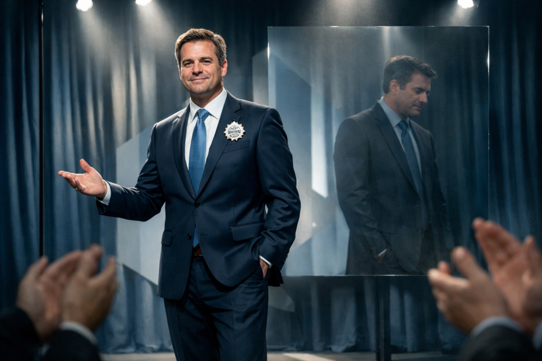 Profissional em ambiente corporativo semelhante a um palco, usando um selo simbólico de reconhecimento enquanto luzes e sombras sugerem reputação performática e autoridade encenada no LinkedIn.