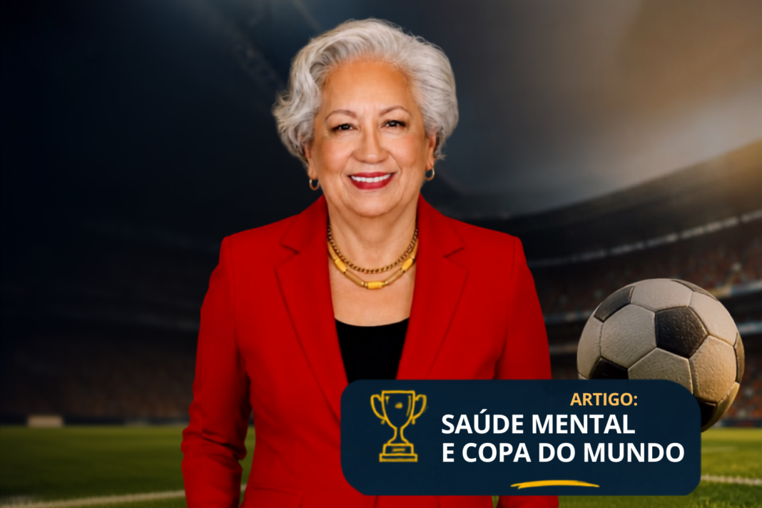 Sylvia Carvalho em um estádio de futebol com o título 