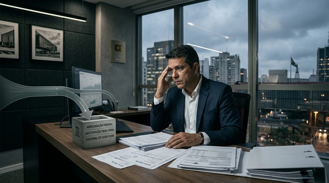 Empresário analisa documentos fiscais em escritório enquanto representação visual simboliza a antecipação de tributos e a pressão sobre o fluxo de caixa.